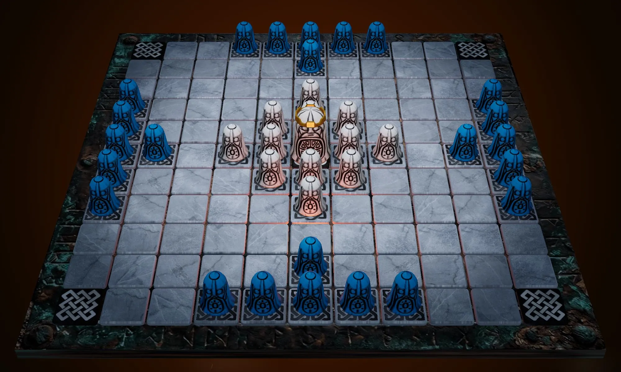 A full board at the start of a game, the king and his defenders surrounded