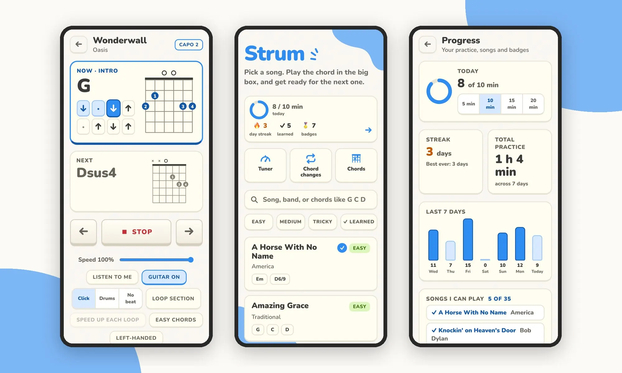 Strum on three phones: a song playing, the song list, and the progress page