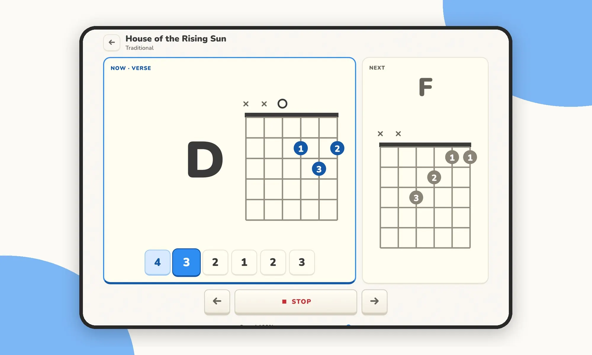 Strum on a tablet: the chord to play now beside the one coming next